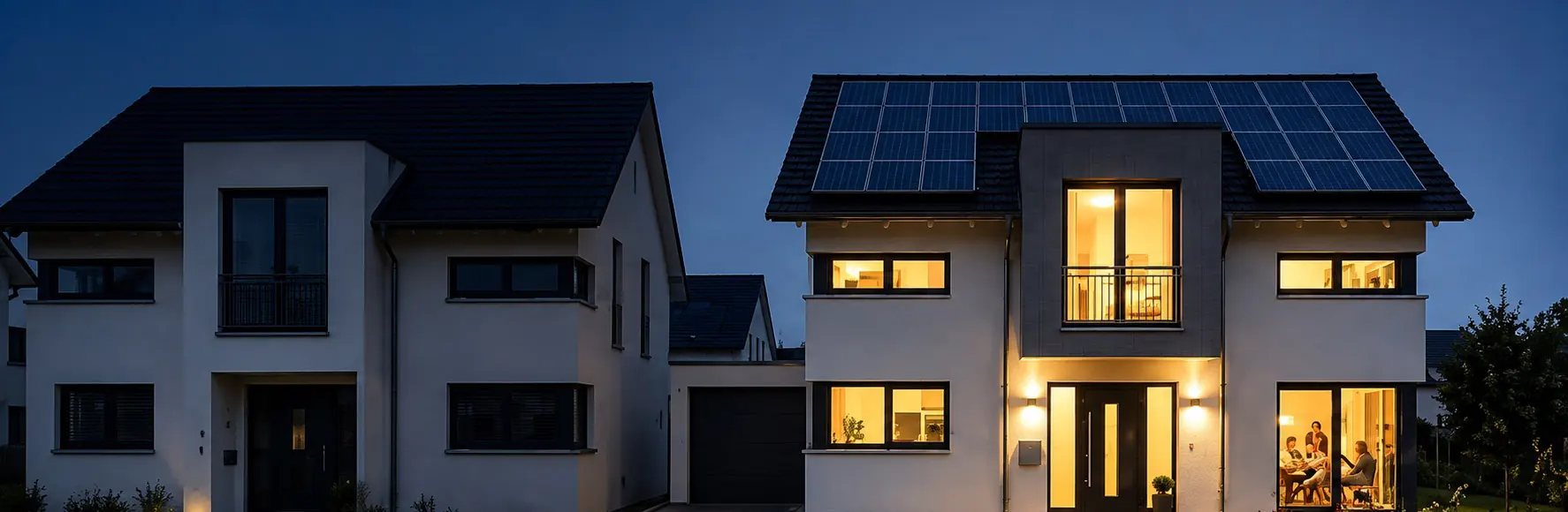 Zwei Einfamilienhäuser nebeneinander bei Nacht während eines Stromausfalls: Das linke Haus ist komplett dunkel, weil es keine Notstromversorgung hat. Das rechte Haus hat in allen Räumen Licht, weil dort eine Photovoltaikanlage mit Batteriespeicher und Notstromsystem von BESA energy installiert ist.