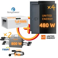 Balkonkraftwerk: UNITED ENERGY 1920 Wp ULTRA BLACK Shingled | TSUN TSOL-MS800-D 1,6 kW | Gospower GPMS-3250B 1,6 kWh