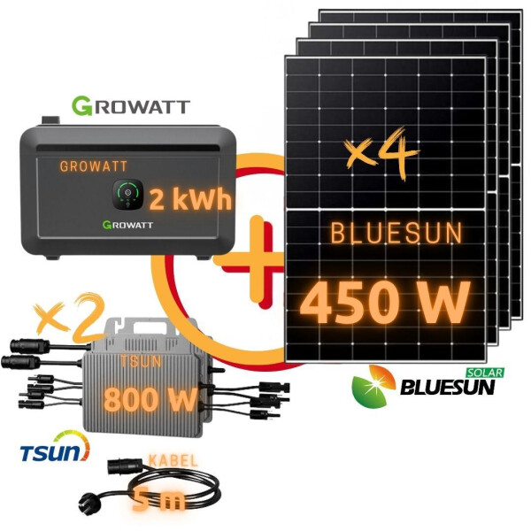 Balkonkraftwerk: BLUESUN 1800 Wp Topcon N Type | TSUN TSOL-MS800-D 1,6 kW | Growatt NOAH 2000 2 kWh