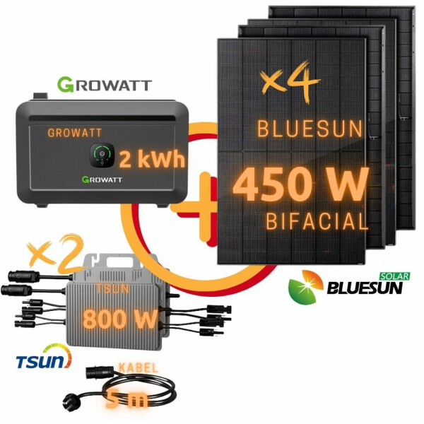 Balkonkraftwerk: BLUESUN 1800 Wp Bifacial Topcon N Type | TSUN TSOL-MS800-D 1,6 kW | Growatt NOAH 2000 2 kWh