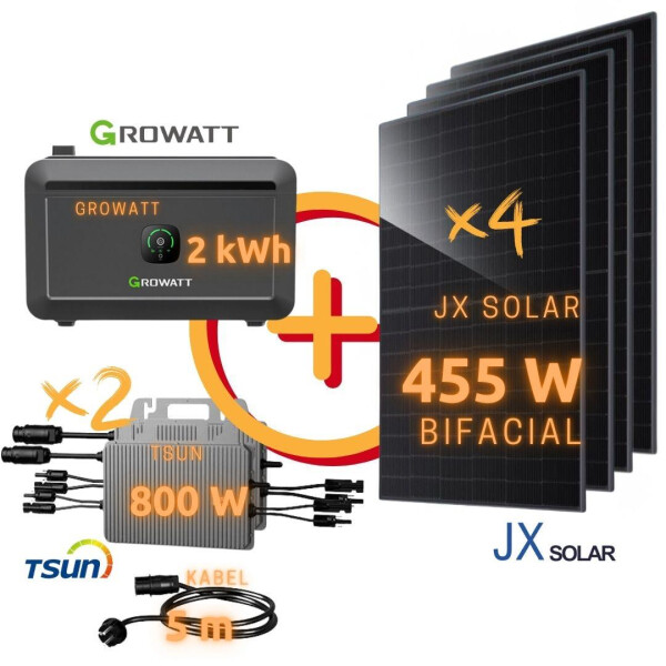 Balkonkraftwerk: JX Solar 1820 Wp Bifacial Topcon N-Type | TSUN TSOL-MS800-D 1,6 kW | Growatt NOAH 2000 2 kWh