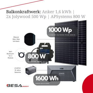 Balkonkraftwerk: Anker SOLIX E1600 1,6 kWh | Jolywood 1000 Wp | APSystems EZ1-M 800 W