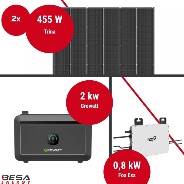 Balkonkraftwerk mit Speicher – 2x Trina 455 W + Fox ESS + Growatt NOAH 2000