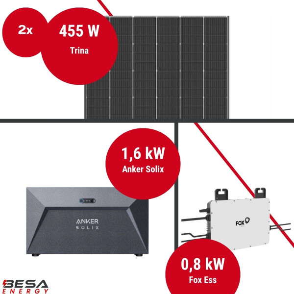 Balkonkraftwerk mit Speicher – 2x Trina 455 W + Fox ESS + Anker SOLIX E1600
