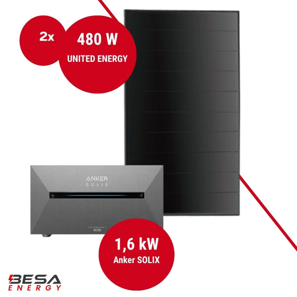 Balkonkraftwerk mit Speicher – 2x UNITED ENERGY 480 W + Anker SOLIX 2 E1600 AC
