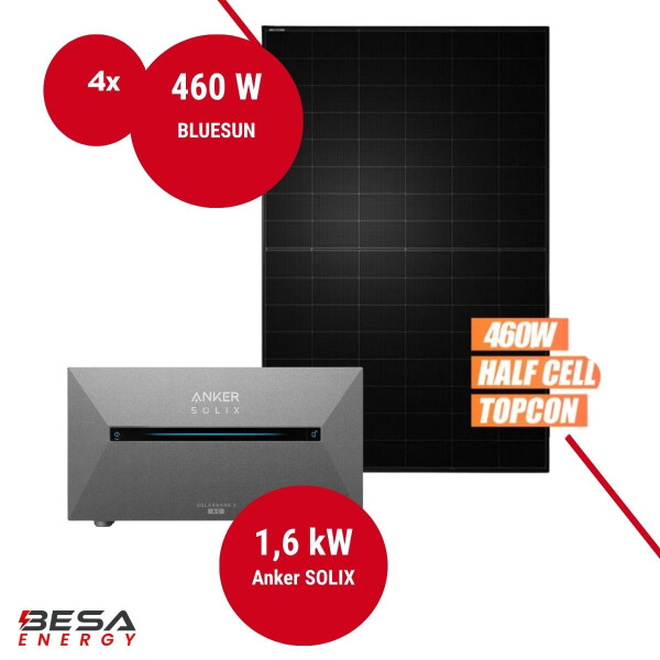 Balkonkraftwerk mit Speicher – 4x BLUESUN 460 W + Anker SOLIX 2 E1600 AC