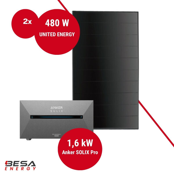 Balkonkraftwerk mit Speicher – 2x UNITED ENERGY 480 W + Anker SOLIX 2 E1600 PRO
