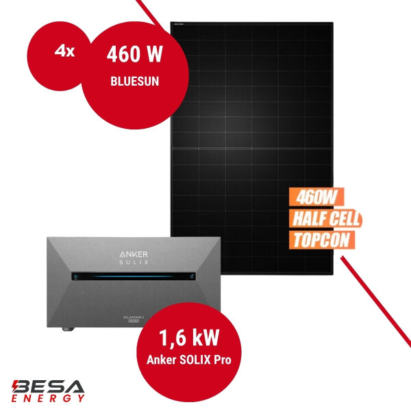 Balkonkraftwerk mit Speicher – 4x BLUESUN 460 W + Anker SOLIX 2 E1600 PRO