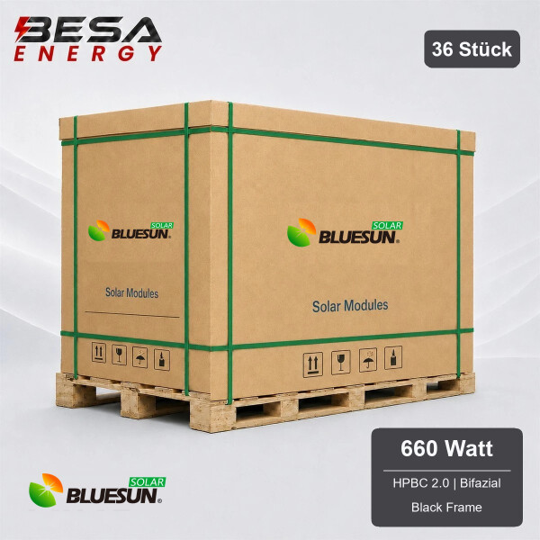 36x Bluesun Solar 660 Wp HPBC 2.0 Glas-Glas Black Frame Bifazial Solarmodul BSM660M10-72HJD Palette
