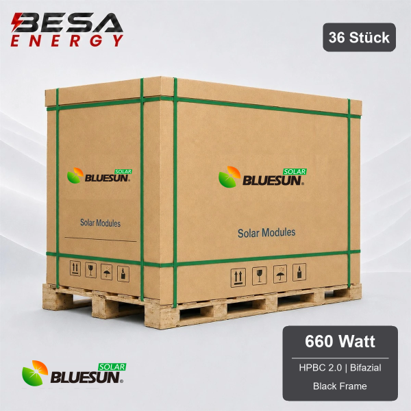 36x Bluesun Solar 660 Wp HPBC 2.0 Glas-Glas Black Frame Bifazial Solarmodul BSM660M10-72HJD Palette