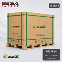 36x Bluesun Solar 660 Wp HPBC 2.0 Glas-Glas Black Frame Bifazial Solarmodul BSM660M10-72HJD Palette