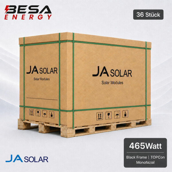 36x JA Solar 465 Wp N-Type Double Glass Monofacial PV Modul JAM54D40-465/LR Black Frame DEEP BLUE 4.0 Pro Palette
